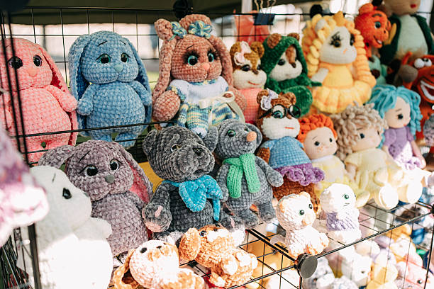 Crocheted plush toys on display